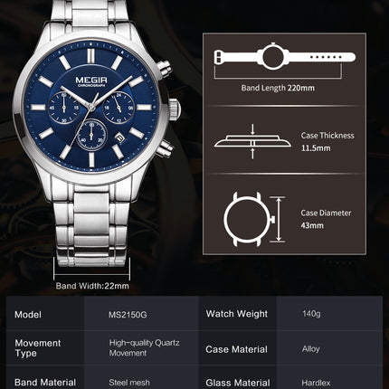 MEGIR Stainless Steel Waterproof Wrist Watches for Men Luminous Chronograph Business Quartz Men's Casual Clock Reloj Hombre-5
