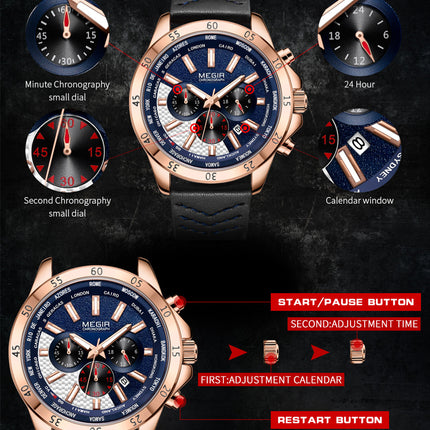 MEGIR Sports Watches for Mens Luxury Quartz Clock Chronograph Leather Fashion Casual Wristwatch Army Military Watch Reloj Hombre-10